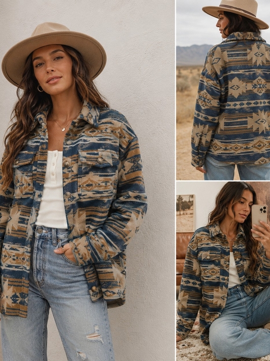 Jackets & Blazers - Women's Patterned Shacket Jacket in Tan & Navy